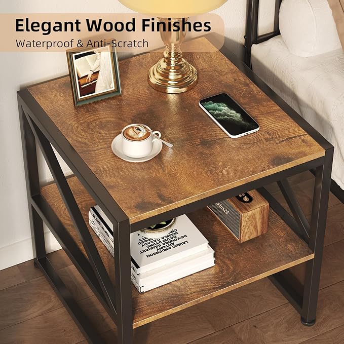 Mexin 20 Inch Square End Table, Mini Fridge Stand with 2-Tier Storage Shelf, High Load Capacity Printer Table for Living Room Bedroom, Rustic Brown