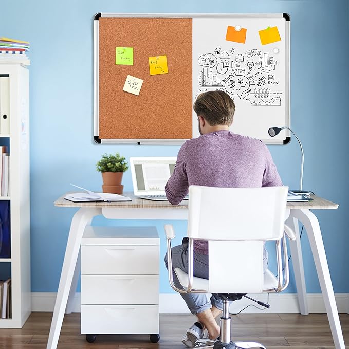 Amazon Basics Magnetic Dry Erase Whiteboard & Cork Board Combo, Wall Mounted for Home, Office and Classroom, Aluminum Frame, 36" x 24", White/Yellow