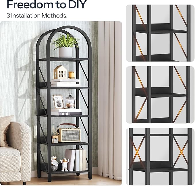 HOOBRO Bookshelf, 5-Tier Arched Bookshelf, Industrial Bookcase with Metal Frame, Tall Book Shelf Storage Organizer for Living Room, Office, Bedroom, Black BB425SJ01