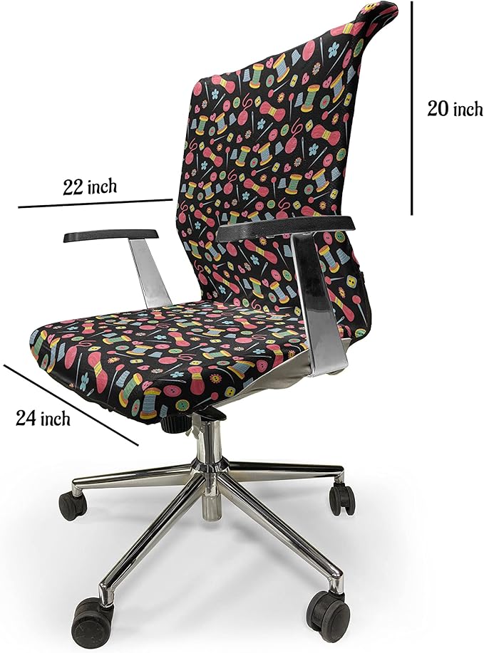 Ambesonne Hobby Office Chair Cover, Colorful Sewing Tools on The Dark Background Handicraft Needlework Knit Theme, Stretchable Decorative Universal Size High Back Printed Slipcover, Multicolor Pink
