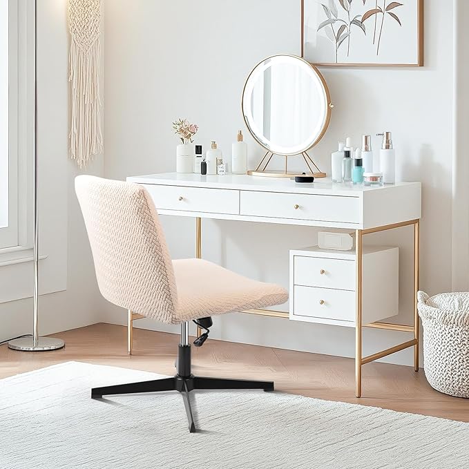 Armless Desk Chair Cover, 2pcs Beige Office Criss Cross Desk Vanity Slipper Computer Task Chair Cover, Jacquard Wide Seat Swivel Cross Legged Office Chair Slipcovers（Only Covers, No Chairs）