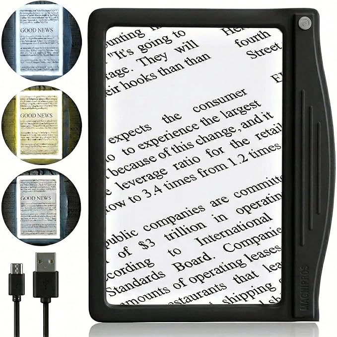 MagniPros 5X Rechargeable Large Ultra Bright LED Page Magnifier with Anti-Glare Lens & 3 Color Dimmable Light Modes, Relieve Eye Strain- Ideal for Reading Small Prints, Low Vision, Seniors