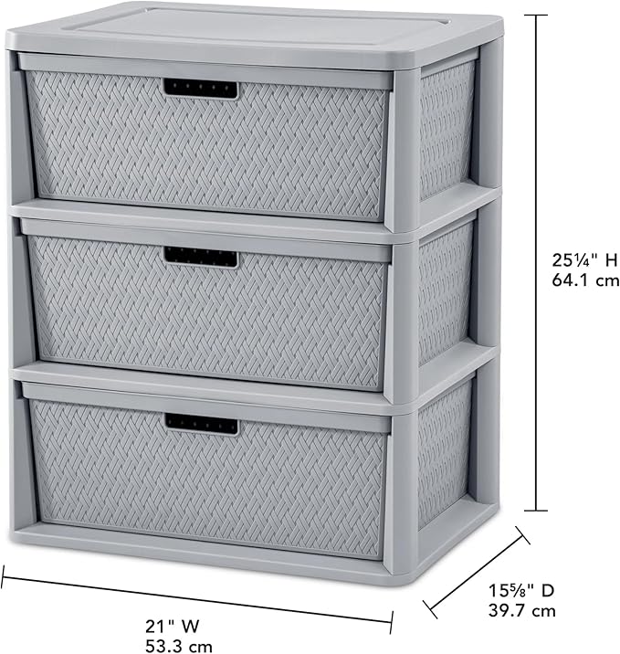Gray Storage Drawer, 3 Drawer Plastic Weave Wide Tower with Pull Handles