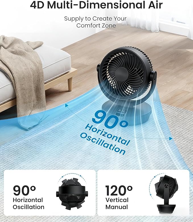 PNTCK Air Circulator Fan for Bedroom, 13" Table Fan with Remote, 90° Oscillating & 120° Tilt, 60ft Strong Airflow, Quiet 25dB Electric Fan with 4 Speeds, 4 Modes & 12H Timer