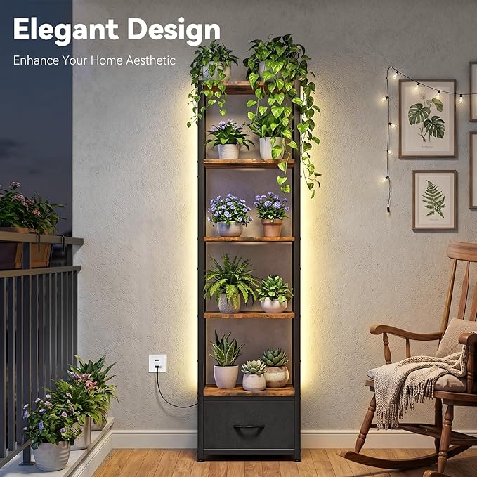 Housolution 6 Tier Bookshelf with LED Light, 60.6" Tall Narrow Corner Shelf Stand with Fabric Drawer, Bookcase Storage Organizer, Industrial Display Standing Shelf Unit for Living Room, Rustic Brown