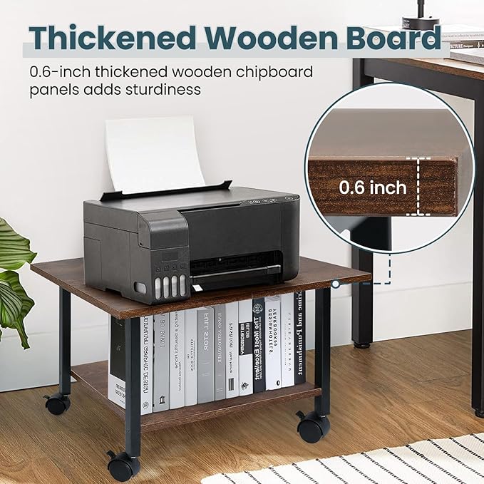 SwaaVee Printer Stand with Storage Under Desk Shelf, Desktop Printer Stand Organizer, Rolling Printer Cart Storage Paper Files Holder for Desk, Office, Home, (Rustic Brown)