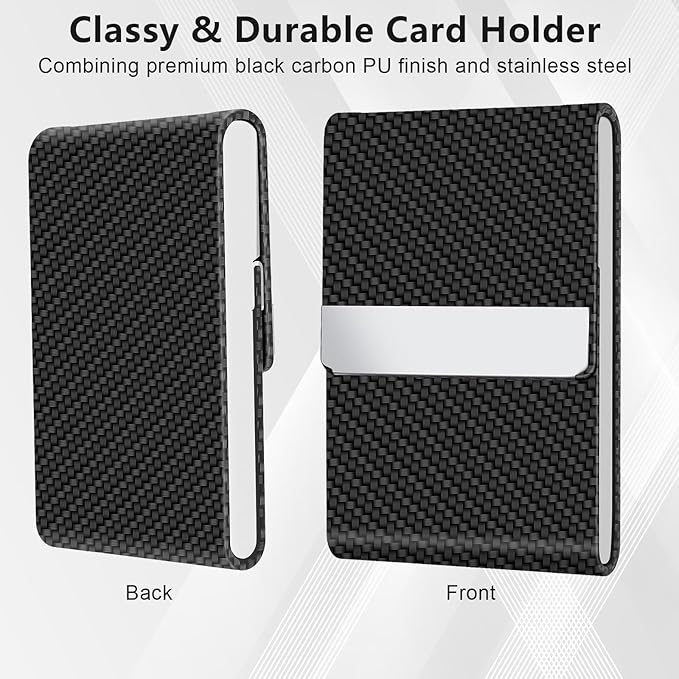 Black Carbon Business Card Holder with Magnetic Closure, Slim Metal PU Business Card Case for Men Women, 3.7 x 2.3 inches RFID Blocking Credit Cards Holder for Pocket or Bag Storage