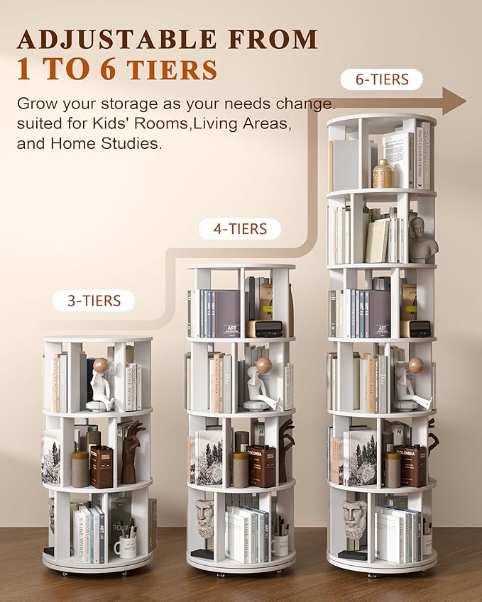 6-Tier Solid Wood Rotating Bookshelf on Wheels, 360° Spinning Book Shelf Tower, Round Revolving Bookcase Organizer, Rolling Bookshelves for Small Spaces, Corner, Bedroom, Kids Room, Office, White