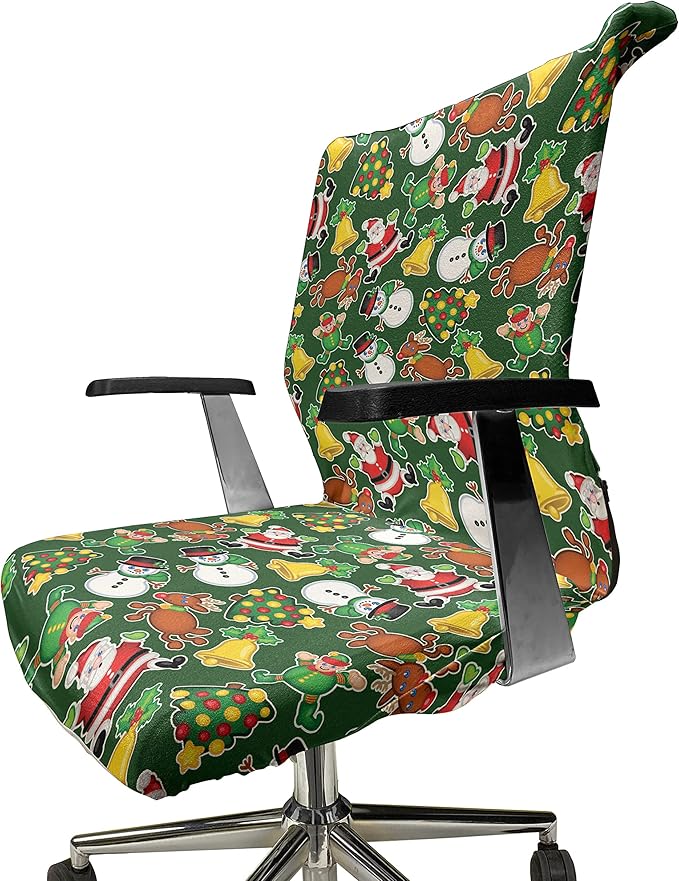 Ambesonne Christmas Office Chair Cover, Vivid of Joyous Holiday Celebration Jumping Dancing Cheery Cartoon for Yule, Stretchable Decorative Universal Size High Back Printed Slipcover, Green Red