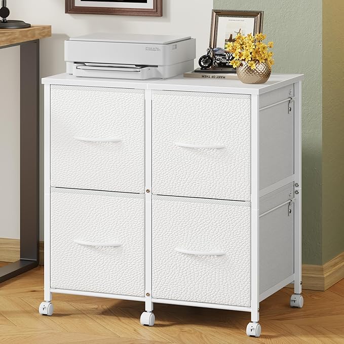 HIGDBFE 4 Drawer Lateral File Cabinet, Mobile Filing Cabinet for Large Printer, Home Office Functional Office Storage Cabinet & Printer Stand, Fits Letter/A4, White