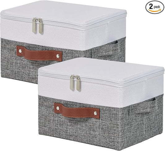2 Pack Storage Boxes with Zipper Lid Cotton Linen Fabric Lidded Storage Bins Baskets Foldable Washable Closet Shelf Clothes Organizer Container Faux Leather Handles (Gray White, Small)