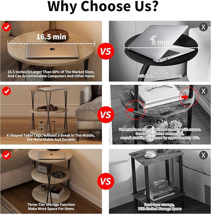 23 Inch Round Side Table 3-Tier End Table Living Room Small Patio Table Nightstands Round Coffee Table Spacious Top for Couch Bedroom 3 Storage Shelves Accent Coffee Table, Caramel Gray