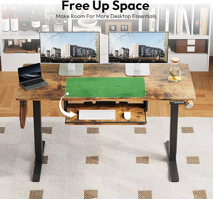 Electric Standing Desk with Keyboard Tray,55x24 inches Adjustable Height Stand Up Desk,3 Preset Heights,Equipped with Hooks,Raising Desks for Home Office and Computer Workstation,Brown