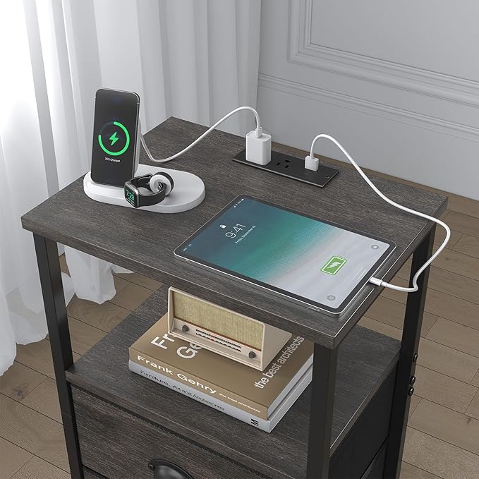 sthmec Nightstand with Charging Station, LED Night Stand with 2 Fabric Drawers, Bedside Tables End Table with Drawers, 2-Tier Storage Side Table Nightstand with Drawers for Bedroom, Black Oak