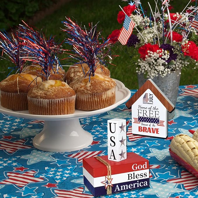 4th of July Wooden Book Stack Sign with Stars Blocks and House Shape Sign Patriotic Memorial Day Tiered Tray Decoration Tabletop Centerpiece Decor for Home Office Table Mantel Shelf