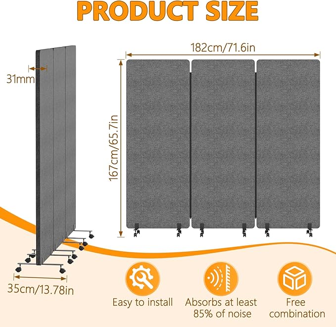 Soundproof Room Divider with Wheels, 66in Acoustic Room Divider Panel, 3 Panel Office Partition Wall for Noise Cancelling, Portable Temporary Wall Cubicle Divider (Dark Gray)