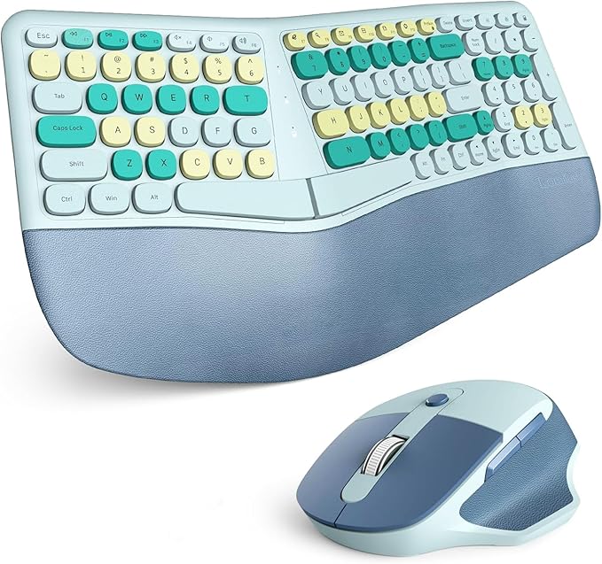 Wireless Ergonomic Keyboard and Mouse Combo with PU Wrist Rest, Carpal Tunnel Keyboard, 2.4G Colorful Split Ergo Keyboard, Comfortable Natural Typing, Compatible with PC/Laptop (Blue)