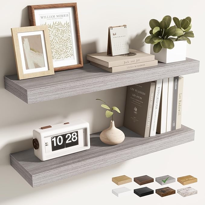 Acovy 24 Inch Floating Shelves for Wall 2 Pack, 24" Wall Shelves for Books, Storage, Decor, Wall Mounted Floating Shelf with Invisible Brackets for Kitchen, Living Room, Gray