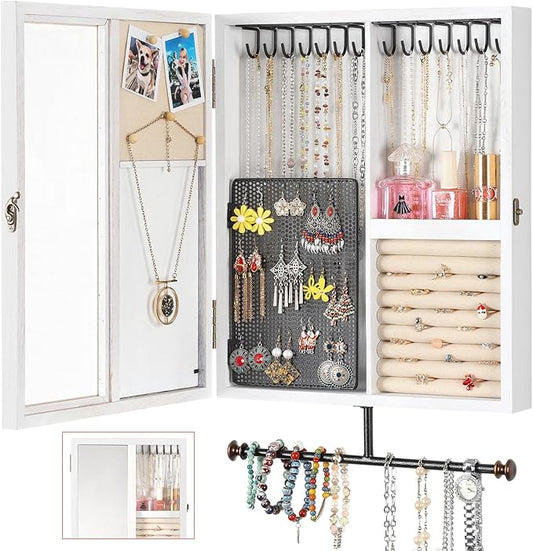 Keebofly Wall Jewelry Organizer Cabinet with Mirror,Rustic Wood Storage for Necklaces, Earrings, Bracelets & Rings, Large-Capacity Hanging Cabinet – White