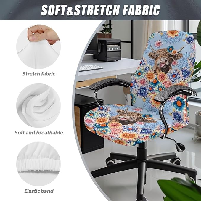 Talayituse Boho Mandala Highland Cattle Print Office Chair Covers, Stretch Computer Chair Cover, Universal Boss Chair Covers Modern Simplism Style High Back Chair Slipcover, Large