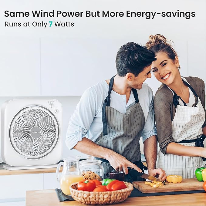 AMACOOL Table Fan, 12 inch Box Fan with 3 Speeds & 8HRS Timer, 270° Pivoting Quiet Air Circulator, Desktop Fan for Bedroom Bathroom Kitchen Office, AC Adapter Included, Co-Branded with Cmyfato-White