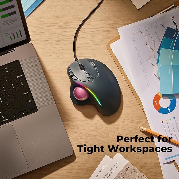 Wired Trackball Mouse with RGB Lighting, Ergonomic Thumb Control to Reduce Muscle Strain, 5 Adjustable DPI, Dual USB-C & USB-A Connectivity, Compatible with PC, Laptop, Mac, Windows (E-Pink)