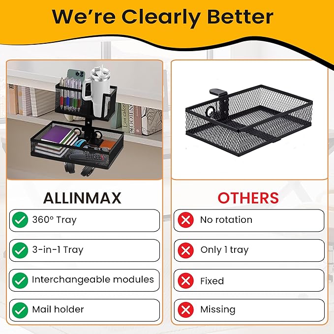 6-in-1 Clamp On Desk Organizer with Cup Holder & 360° Rotating Under Desk Drawer, Swappable Parts, Easy to Install Standing Desk Drawer Attachment, Space-Saving for Home & Office