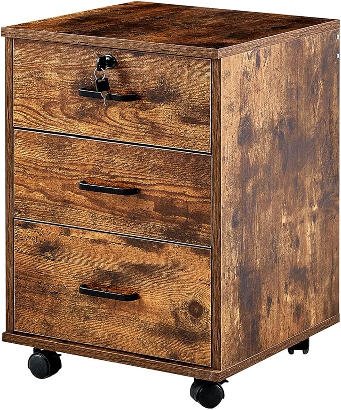 OFCASA 3 Drawer File Cabinet with Lock, Small Rolling Filing Cabinets for Home Office, Wood Under Desk File Cabinet with Wheels, Mobile Storage Organizer, Printer Stand for Letter/Legal, Rustic Brown