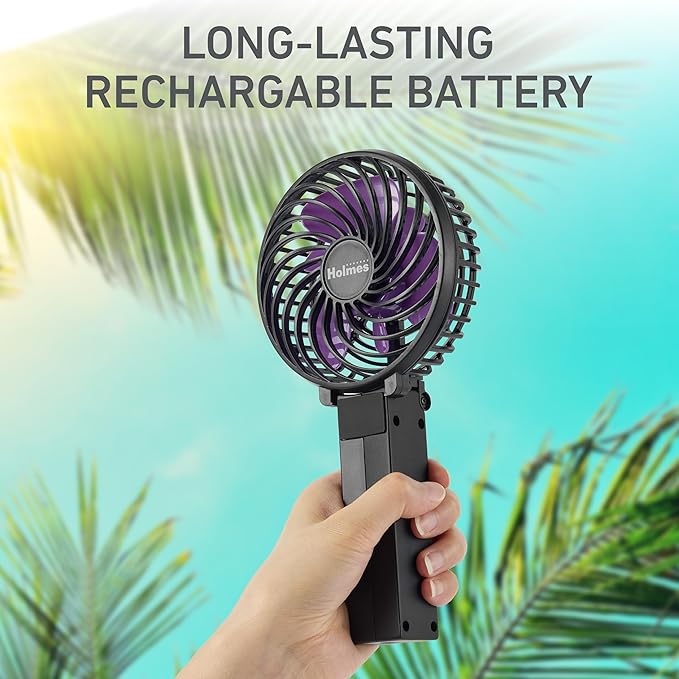 HOLMES 4" Portable Handheld Fan – 3 Speeds, Rechargeable, USB-C, 180° Adjustable, Lightweight, Compact, for Home, Office, Travel – Black, 1-Year Limited Warranty