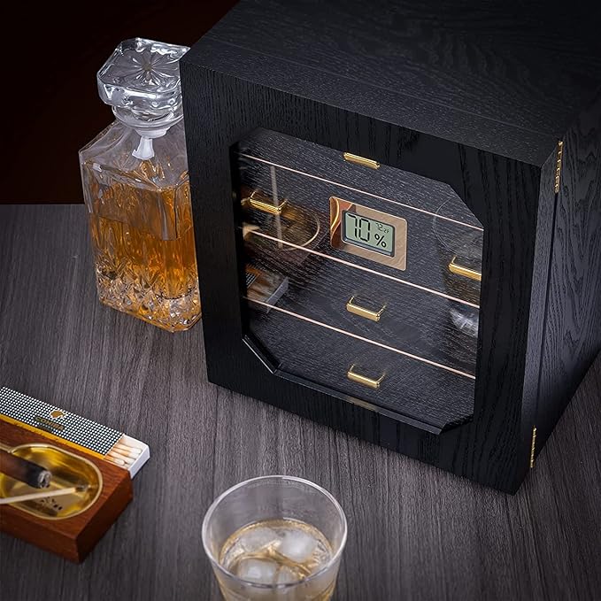 Epress Premium Cigar Humidor Cabinet - 4 Spanish Cedar Drawers with Electronic Hygrometer & Rectangular Humidifier - Airtight Magnetic Seal Glass Door - Luxury Desktop Storage for 100-150 Cigars