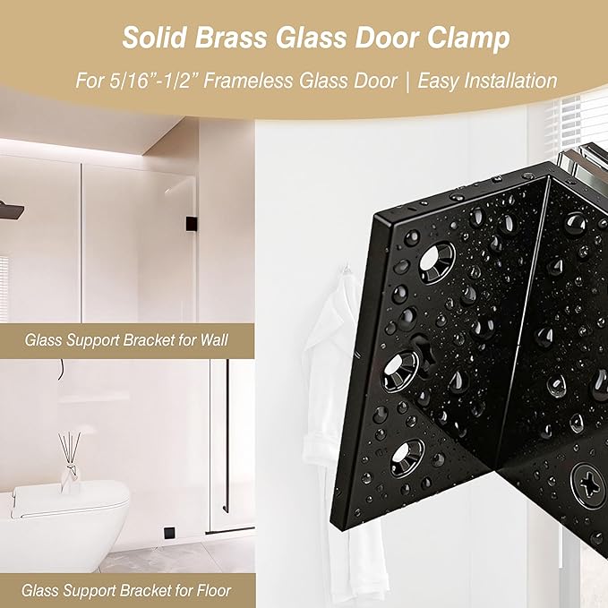 Glass Clamp, Heavy Duty Solid Brass Shower Clip for 5/16" to 1/2" (8-12mm) Glass, Wall or Floor Installation, Matte Black