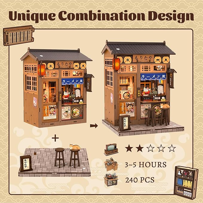 Fsolis Japanese Book Nook Kit - DIY Miniature Mini House Japan 3D Wooden Puzzles for Adults Booknook Noodle Shop Bookshelf Diorama, Gifts for Women Book Lovers (Morita-Ya Ramen)