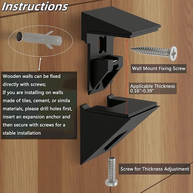 Adjustable Shelf Bracket, Zinc Alloy Wall Mount for Wood & Glass Shelves, for 0.16-0.39 Inch Thick, Floating Shelf Support, 2Pcs Black, Glass Panel Holder