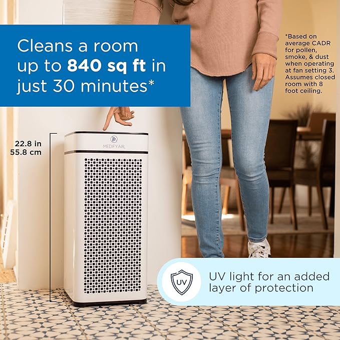 Medify MA-40 UV Light Air Purifier with True HEPA H14 Filter | 1,793 ft² Coverage in 1hr for Wildfires Smoke, Odors, Pollen, Pets | Quiet 99.9% Removal to 0.1 Microns | White, 1-Pack