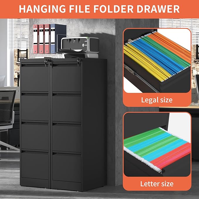 IKIMI 4 Drawer File Cabinet with Lock,Metal Filing Cabinets,Black Vertical File Cabinet for Home Office,Heavy Duty Metal Storage Cabinet for A4/Letter/Legal Size File,Assembly Required