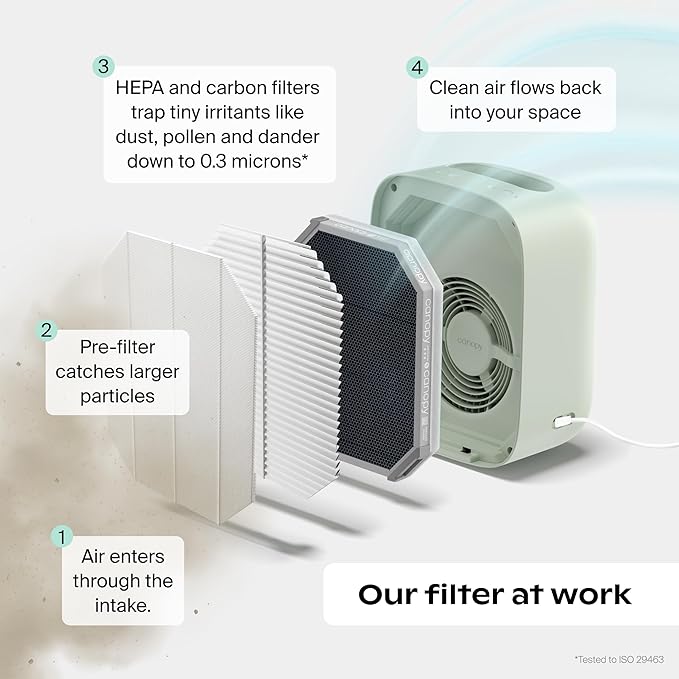 Canopy Bedside Air Purifier | Up To 99.97%* HEPA-13 Filtration | Remove Dust & Pet Dander | Night Light & White Noise | Air Quality Sensor | Quiet Fan for Sleep | Filter & Adapter Included