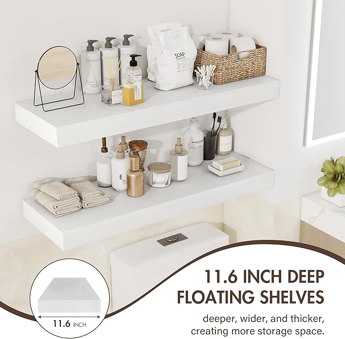 Acovy 55 Inch Floating Shelves, 12" Deep Floating Shelf Wall Mounted, 55" Wall Shelves, Rustic Deep Bookshelf, Extra Deeper & Thicker Display Shelves for Bedroom, Living Room, White, Set of 2