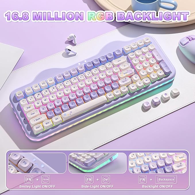 YUNZII C98 Wireless Mechanical Keyboard with Number Pad,99 Key BT5.0/2.4G/USB-C Hot Swap Gasket Mount with PBT MOA Keycaps,Custom RGB,Cute Cake Keyboard for Win/Mac (Purple, Milk V2 Linear Switch)