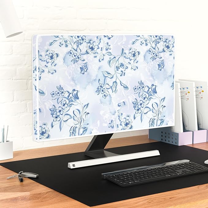 Blue Floral Waterproof Screen TV Cover 65 Inch Decorative Botanical TV Screen Covers Dust-Proof Protective for LED LCD OLED TVs During House Moving, Storing, or Home Renovation