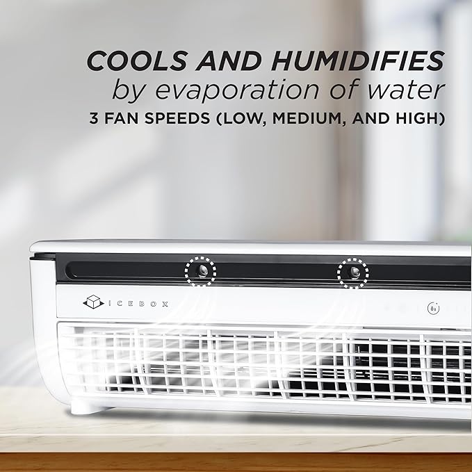 IceBox Cooling Mist Fan, Small Portable Fan with Evaporative Humidifier, For Desk or Wall Mount, 3 Speeds, 8.8oz/260ml Tank, 8-Hour Runtime per Charge, Remote, USB-C, IBCF200W, White/Gray
