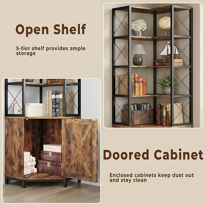 IRONCK Corner Bookshelf with 5-Tier Open Shelves, 77.9" Tall L-Shaped Bookcase with Enclosed Cabinet, Adjustable Feet, Anti-Tip Device, Walnut