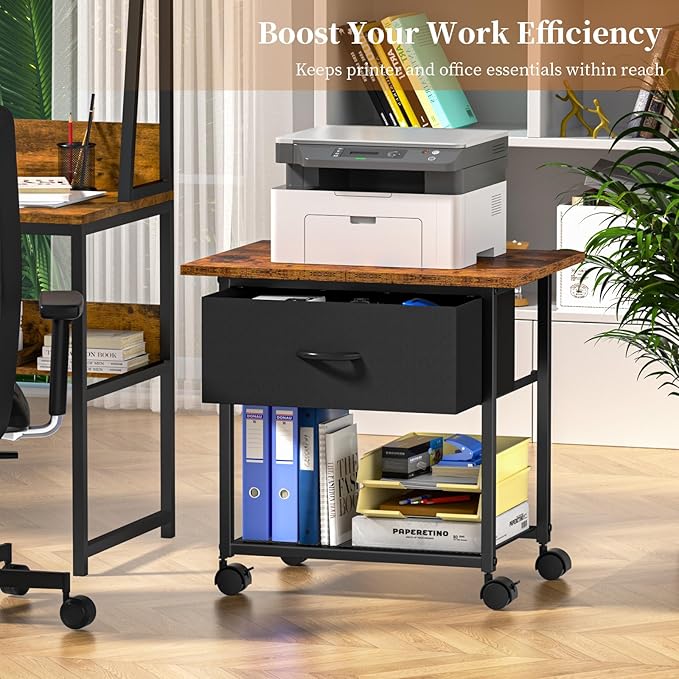 DAOUTIME 2-Tier Printer Stand with Storage Drawer, Under Desk Printer Table with Shelves, Rolling Printer Cart on Wheels for Small Spaces/Home Office, Fits 3D Printer Scanner, Rustic Brown and Black