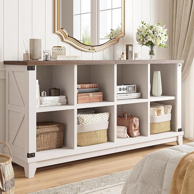 EnHomee 8 Cube Bookshelf, Farmhouse Cube Storage Organizer, Book Shelf for Entryway, Living Room, Office, White, Wood