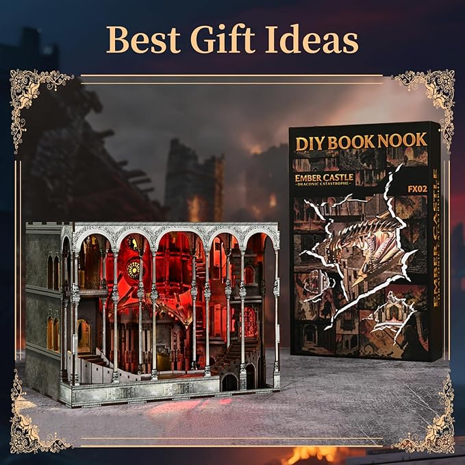 MiniCity Book Nook Kit, DIY Miniature House Kit for Adults, Teens and Beginners, Dollhouse Booknook Library Tiny House Bookshelf Decor 3D Wooden Puzzle, Gifts for Family, Friends (Ember Castle)