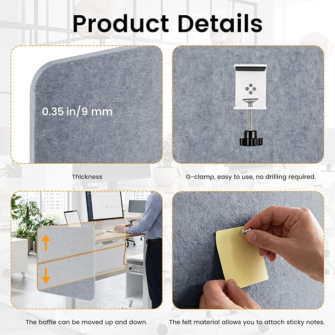 Desk Divider, Clamp On Felt Desk Privacy Panels, Acoustic Sound Absorbing Desk Partition for Office Desk, Reduce Distractions, Light Gray, 3 Pack, 24 x 24 in and 24 x 48 in