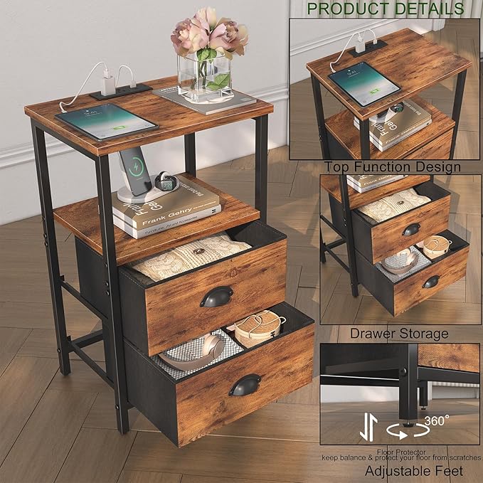 sthmec Nightstand with Charging Station, Night Stand with 2 Fabric Drawers, Bedside Table End Table with LED Light, 3-Tier Storage Side Table Nightstand with Drawers for Bedroom,Rustic Brown