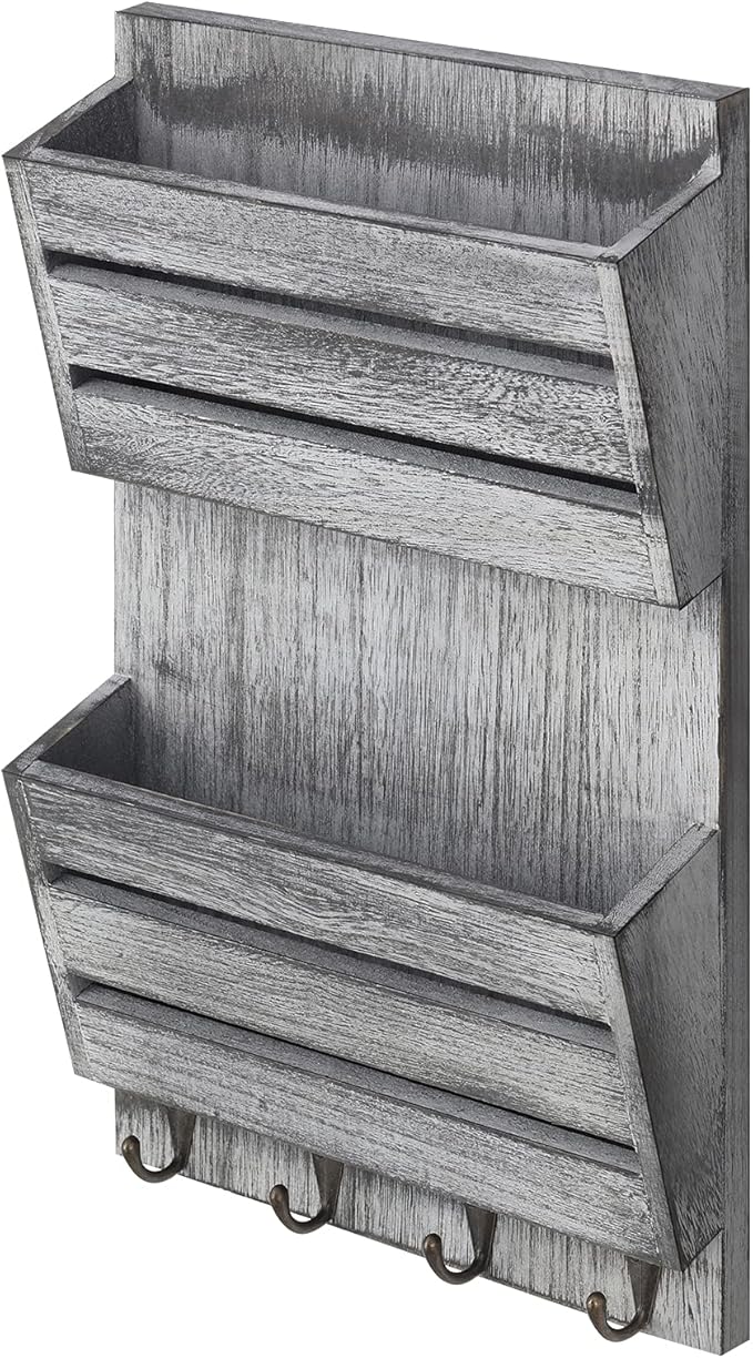 BTY Mail Sorter Wall Mounted, Wooden Mail Holder with 4 Key Hooks, 2 Slot Letter Bills Newspaper Magazine Organizer for Entryroom Hallway Office Garage, Gray White