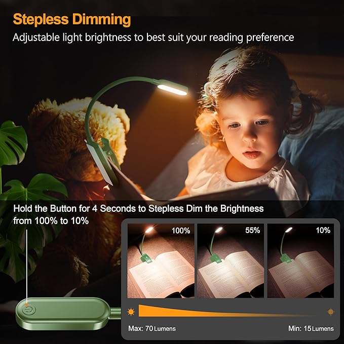 Gritin 16 LED Rechargeable Book Light for Reading in Bed- Eye Caring 3 Color Temperatures, Stepless Dimming Brightness, 80 Hrs Runtime, Lightweight Flexible Clip on Light for Book Lovers-Dark Green