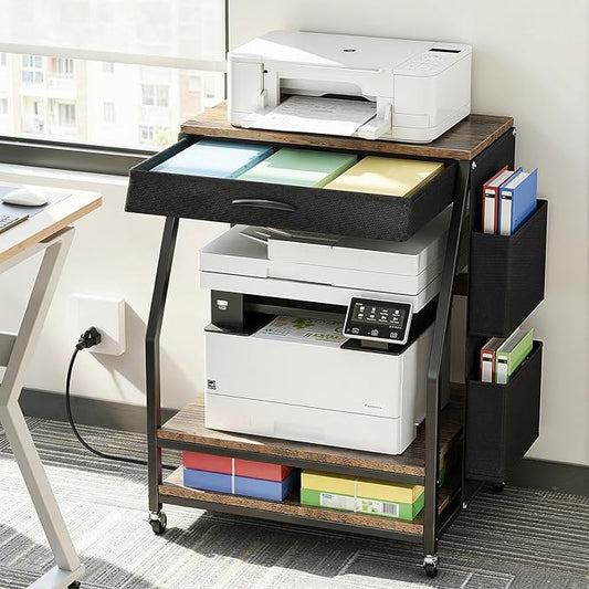 Housolution Large Printer Stand, 3 Tier 22 x 18 Inch Mobile Printer Table with Charging Station & Adjustable Storage Shelf, Rolling Printer Cart with Wheels, Printer Stand with storage for Home Office