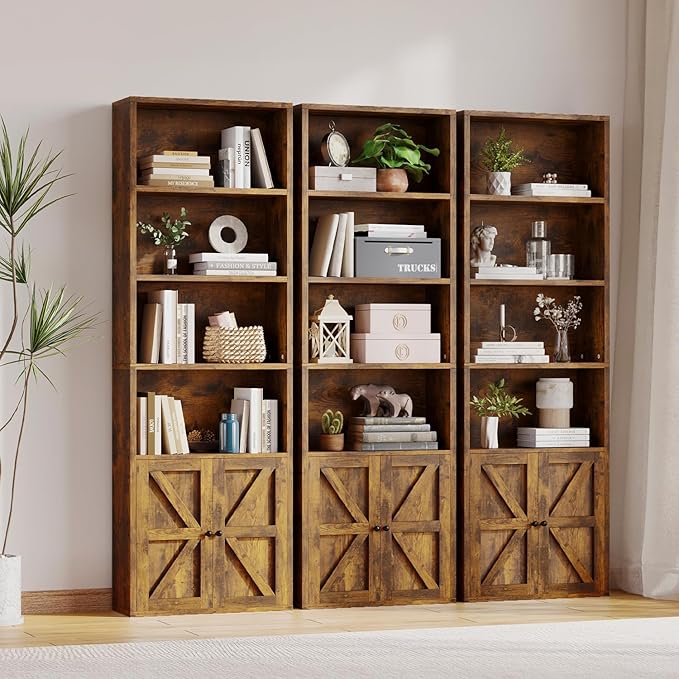 71.5" Bookshelf Set of 2, 6-Tier Bookcase with Cabinet Doors, Tall Display Shelves with Storage for Home Office, Living Room